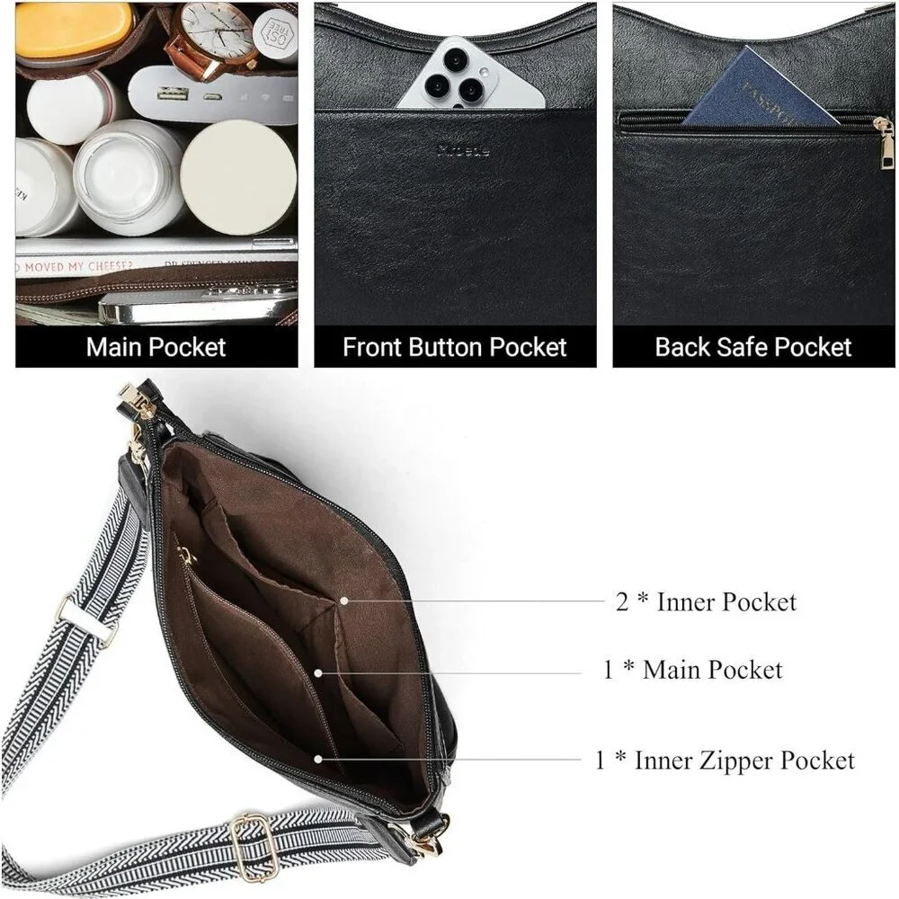 Women's 3-1 Black Vegan Leather Hobo Daily Travel Work Shoulder Crossbody Purses